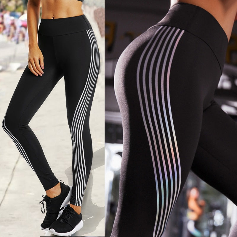 Women's Casual Slim Iridescent Reflective Material Printed Fitness Leggings Slim Stretch Elastic Glow in Dark Pants Trousers